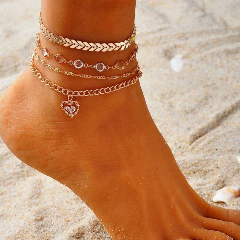 Gold 4pc Heart Shaped Rhinestone Anklet Set